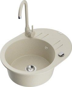 Mexen Kevin chiuvetă de granit cu o cuvă și picurător, cu baterie de bucătărie Telma, bej - 6517-69-670200-69