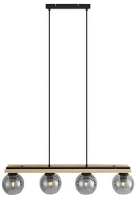 Lampă suspendată modernă neagră cu lemn și sticlă fumurie cu 4 lumini - Aleks