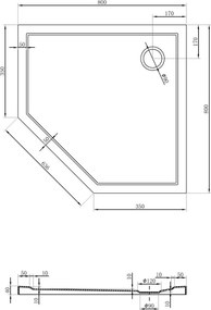 Mexen Flow cadă de duș pentagonală slim 80 x 80 cm, alb lucios - 46P108080
