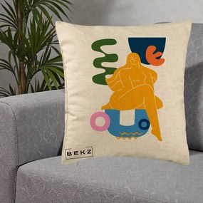Perna Decorativa Femeie Relaxata Abstract, 40x40 cm, Bej, Husa Detasabila, Perna Inclusa, BEKZ®