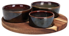 Set 3 boluri din ceramica si platou din lemn de acacia, maro, 20 cm