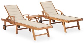 vidaXL Șezlonguri, 2 buc., cu masă și pernă, lemn masiv de tec