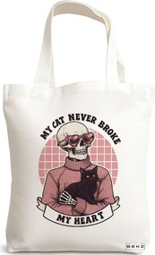 Sacosa de Panza pentru Cumparaturi, Geanta Tote, model My cat never broke my heart 38 x 34.5 cm, Alba, BEKZ®
