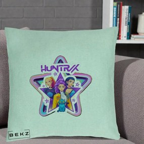 Perna Personalizata K-pop HUNTRX Trio Stea cu Pisica, 40x40 cm, Verde Menta, Husa Detasabila, Perna Inclusa, BEKZ®
