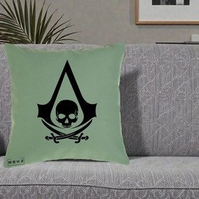 Perna Personalizata Assassin's Creed Black Flag Skull, 40x40 cm, Verde, Husa Detasabila, Perna Inclusa, BEKZ®