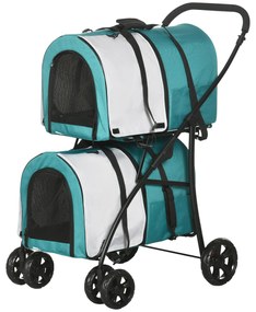 PawHut Cochecito Dublu pentru Câini Pisici Pliabil cu 2 Transportoare Extraibile cu Centură și Perne 66x50x98 cm Verde și Gri | Aosom Romania