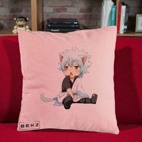 Perna Personalizata Gintama Gintoki Chibi Pisica, 40x40 cm, Roz, Husa Detasabila, Perna Inclusa, BEKZ®