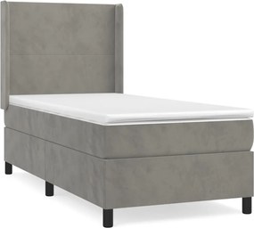 vidaXL Pat box spring cu saltea, gri deschis, 90x200 cm, catifea