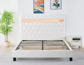 Pat Tapitat Catifea cu Iluminare LED, Somiera si Saltea Inclusa ,   Alb 160x200 cm   Cod FB-18