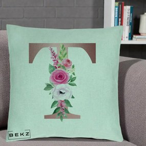 Cadou Personalizat - Perna Personalizata Monograma Rose Gold Litera T, 40x40 cm, Verde Menta, Husa Detasabila, Perna Inclusa, BEKZ®