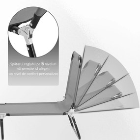 Outsunny Șezlong Pliabil cu Spătar Reglabil în 5 Poziții, Scaun de Grădină cu Material Respirable Oxford, Ideal pentru Plajă, Piscină, Grădină, 188x56x28 cm, Gri | Aosom Romania