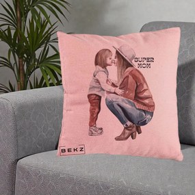 Cadou pentru Mama - Perna Personalizata Super Mom Acuarela, 40x40 cm, Roz, Husa Detasabila, Perna Inclusa, BEKZ®