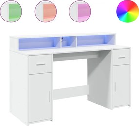 vidaXL Birou cu lumini LED, alb, 140x55x91 cm, lemn prelucrat