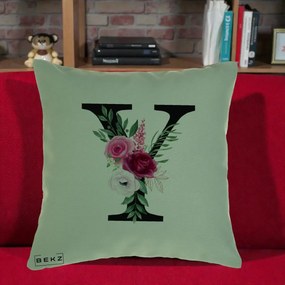 Cadou Personalizat - Perna Personalizata Monograma Florala Litera Y cu Buchet, 40x40 cm, Verde, Husa Detasabila, Perna Inclusa, BEKZ®