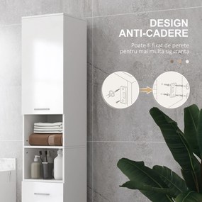 kleankin Mobilier pentru Baie cu 1 Sertar 3 Rafturi Ajustabile și 2 Dulapuri, 30x30x180 cm, Alb Lucios | Aosom Romania
