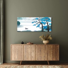 Tablou - Pictură, lac cu barcă (120x50 cm)