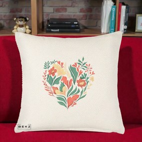 Perna Decorativa Inima Florala Botanica, 40x40 cm, Crem Reliefat, Husa Detasabila, Perna Inclusa, BEKZ®