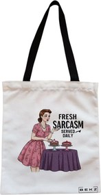 Sacosa de Panza pentru Cumparaturi, Geanta Tote, model Fresh sarcas, Served Daily, Cu fermoar, 38x34.5 cm, Alba, BEKZ®