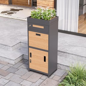 Cutie pentru colete și scrisori cu jardinieră integrată, 50x37x118,5 cm, Gri+Culoare naturală
