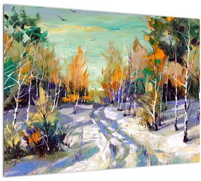 Tablou pe sticlă - Drum înzăpezit prin pădure (70x50 cm)