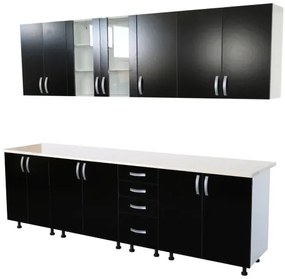 Bucatarie Zebra 260 cm din PAL Negru cu blat termoizolant alb/bej