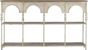 Consolă hol vintage din metal, crem, cu blat din lemn, 2 rafturi și arcade pe baluștri, 91 x [lățime] x 36,5 cm, „Arches”