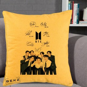 Perna Personalizata K-pop BTS Autografe Toti Membrii cu Fotografie, 40x40 cm, Galben, Husa Detasabila, Perna Inclusa, BEKZ®