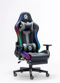 Scaun gaming, Masaj si Incalzire, sistem iluminare bandă LED RGB, boxe Bluetooth, masaj în perna lombară, sezut benzi elastice sustinere, funcție șezlong, 90-180 grade, suport picioare, Negru/Gri