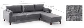 Colțar L KORFU, gri, cu șezlong pe partea dreaptă