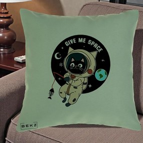 Perna Decorativa Give Me Space Pisica Astronaut, 40x40 cm, Verde, Husa Detasabila, Perna Inclusa, BEKZ®