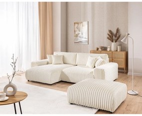 Colțar crem extensibil, cu spațiu de depozitare, cu tapițerie din catifea reiată (cu colț pe partea stângă) Sarina – Ropez