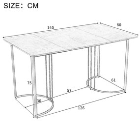 Masă de prânz modernă 140 x 80 cm, cu model de marmură, structură din metal, pentru sufragerie și living, Alb+Negru