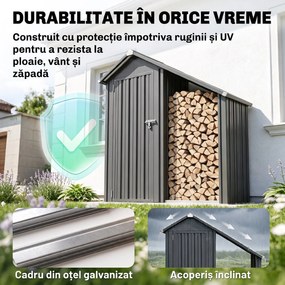 Outsunny Șopron Exterior pentru Lemne cu Dulap pentru Unelte, 0,77 m², 150x66x162 cm, Din Oțel Galvanizat, Gri Închis | Aosom Romania