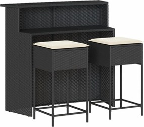 vidaXL Set mobilier bar de grădină cu perne, 3 piese, negru, poliratan