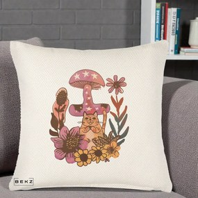 Perna Decorativa Ciuperca Pisica Boho, 40x40 cm, Crem Reliefat, Husa Detasabila, Perna Inclusa, BEKZ®