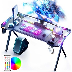 DOWINX Birou de Gaming RGB cu Iluminare Multicoloră și Design din Fibră de Carbon, Telecomanda, Mouse pad impermeabil, 120 cm, Negru