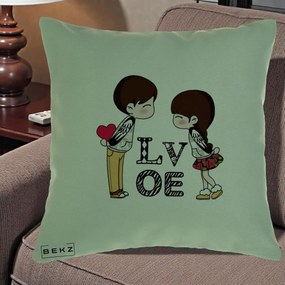 Cadou Romantic - Perna Personalizata Cuplu Kawaii LOVE, 40x40 cm, Verde, Husa Detasabila, Perna Inclusa, BEKZ®