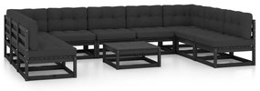 3077203 vidaXL Set mobilier grădină cu perne, 10 piese, negru, lemn masiv pin