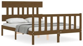 3193309 vidaXL Cadru de pat cu tăblie, dublu mic, maro miere, lemn masiv