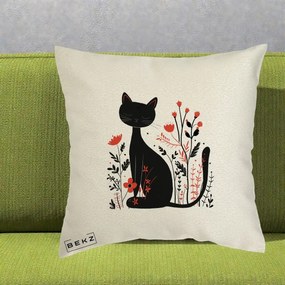 Perna Decorativa Pisica Neagra Flori Rosii Folk Minimal, 40x40 cm, Ecru, Husa Detasabila, Perna Inclusa, BEKZ®