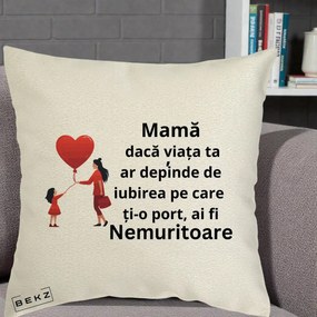 Cadou pentru Mama - Perna Personalizata Mama Nemuritoare cu Bebelus Kawaii, 40x40 cm, Ecru, Husa Detasabila, Perna Inclusa, BEKZ®