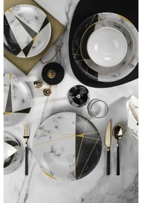 Set de masă, 24 piese, porțelan, negru/alb/auriu