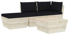 Set mobilier gradina din paleti, cu perne, 4 piese, lemn molid Negru, colt + mijloc + suport pentru picioare + masa, 1