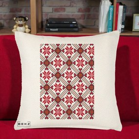 Perna Personalizata Motiv Traditional Ie Romaneasca Rosu, 40x40 cm, Crem Reliefat, Husa Detasabila, Perna Inclusa, BEKZ®