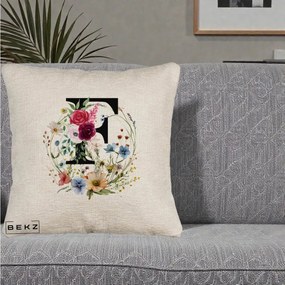 Cadou Personalizat - Perna Personalizata Monogram Litera F cu Flori Acuarela, 40x40 cm, Bej Canapea, Husa Detasabila, Perna Inclusa, BEKZ®