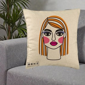 Perna Decorativa Portret Pop Art Fata, 40x40 cm, Bej, Husa Detasabila, Perna Inclusa, BEKZ®