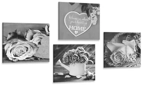 Set tablouri flori în alb-negru cu inscripție Home