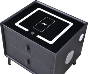 RESIGILAT- Noptiera SMART Multifunctionala, iluminare LED tactil cu 3 culori, incarcare wireless si USB, difuzor Bluetooth, 2 sertare, Negru