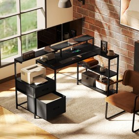 HOMCOM Birou Gaming în formă de L cu prize multiple, LED-uri, 165x80 cm, birou PC cu 2 sertare din material textil, 2 rafturi deschise, măsuță laterală și 2 suporturi monitor, din PAL și oțel, Negru | Aosom Romania