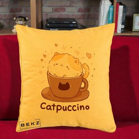 Perna Decorativa Catpuccino Pisica Cappuccino, 40x40 cm, Galben, Husa Detasabila, Perna Inclusa, BEKZ®